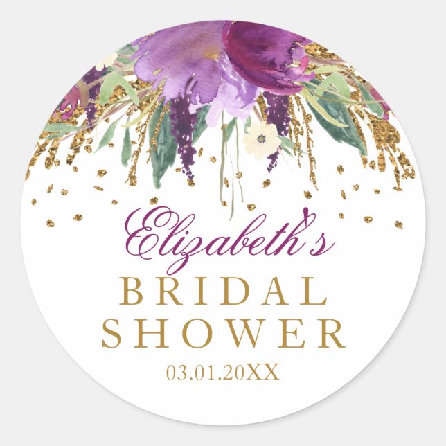 Floral Glitter Amethyst Bridal Shower Sticker (Front)