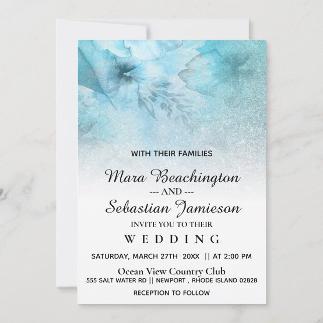 *~* Floral Glitter Blue Purple Watercolor Wedding Invitation (Back)