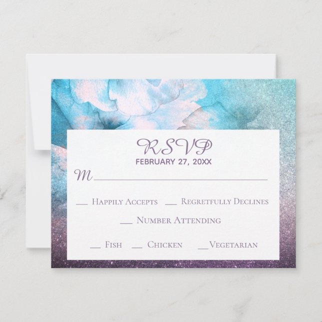 *~* Floral Glitter Blue Purple Watercolor Wedding RSVP Card (Front)
