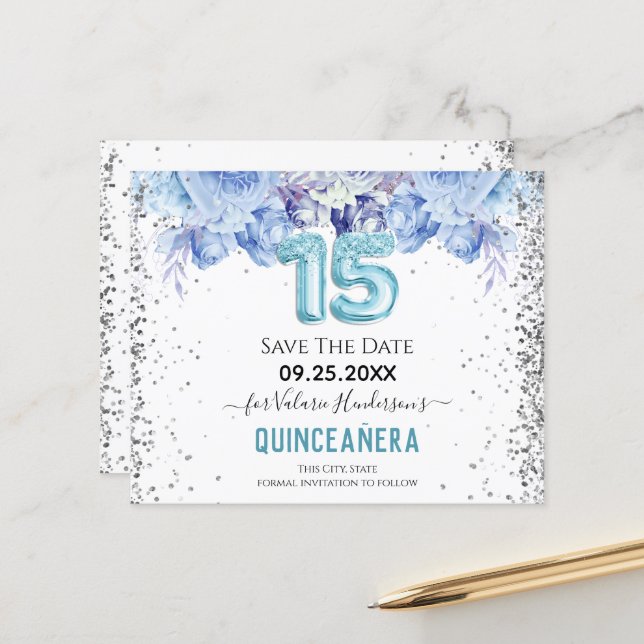 Floral Glitter Blue Quinceañera Save the Date (Front/Back In Situ)
