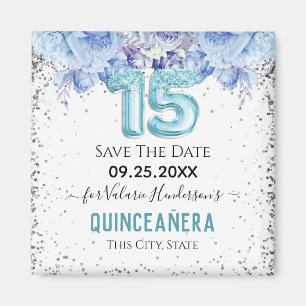 Floral Glitter Blue Quinceañera Save the Date Mag Magnet
