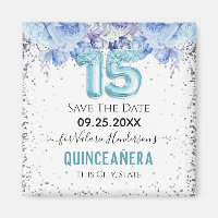 Floral Glitter Blue Quinceañera Save the Date Magn