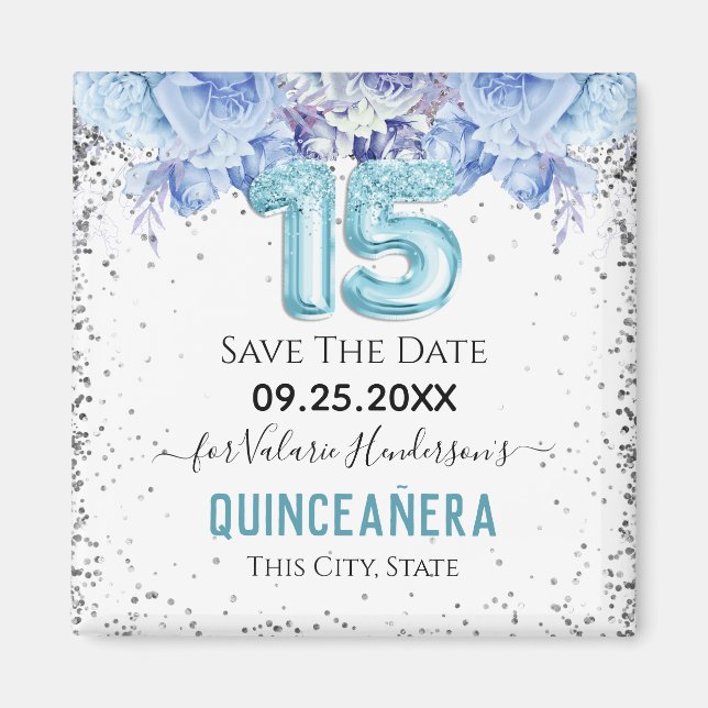 Floral Glitter Blue Quinceañera Save the Date Magn Magnet (Front)