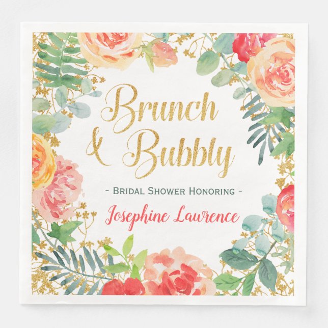 Floral & Glitter Brunch & Bubbly Bridal Shower Napkin (Front)
