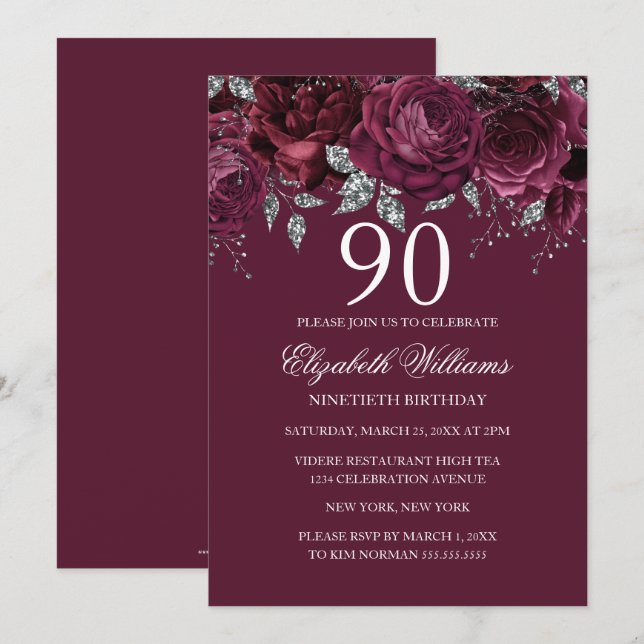 Floral Glitter Burgundy Silver 90th Birthday Invitation (Front/Back)