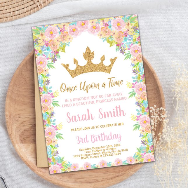 Floral Glitter Crown Princess Birthday Invitation (Floral Glitter Crown Princess Birthday Invitation)
