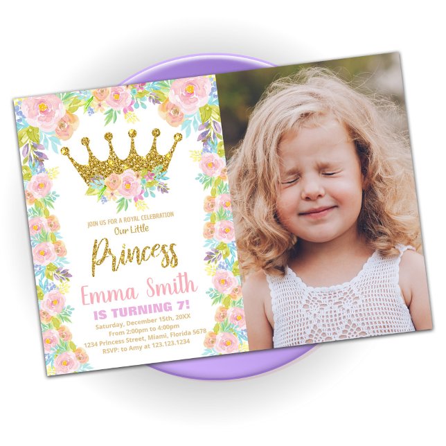 Floral Glitter Crown Princess Birthday With Photo Invitation (Creator Uploaded)