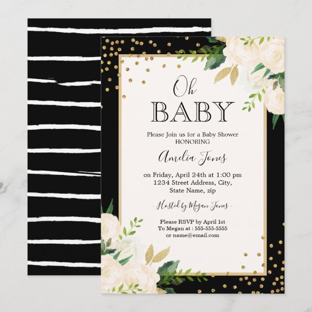 Floral Glitter Gold Black Stripes Oh Baby Shower Invitation (Front/Back)