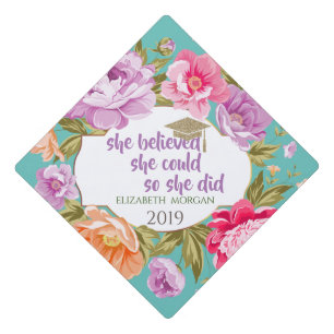 Floral Glitter Graduate Cap - Motivational Message
