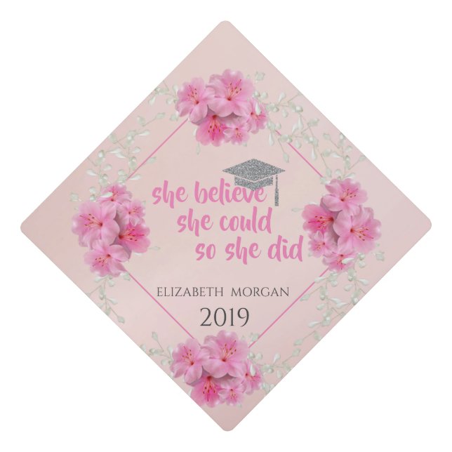 Floral Glitter Graduate Cap-Motivational Message Graduation Cap Topper (Front)