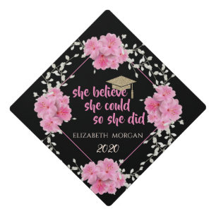 Floral,Glitter Graduate Cap-Motivational Message Graduation Cap Topper