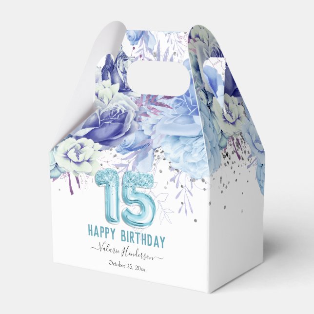 Floral Glitter Light Blue Happy 15th Birthday Favo Favor Box (Front Side)