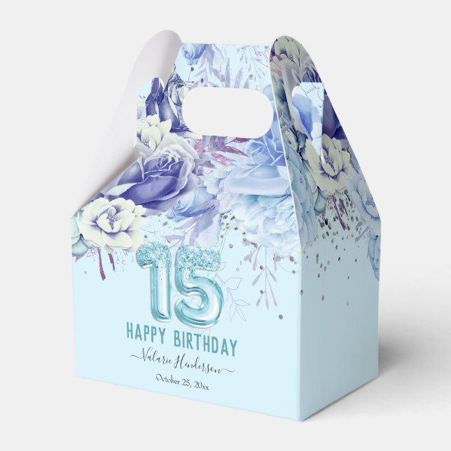 Floral Glitter Light Blue Happy 15th Birthday Favor Box (Front Side)