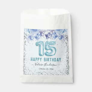 Floral Glitter Light Blue Happy 15th Birthday Favour Bag