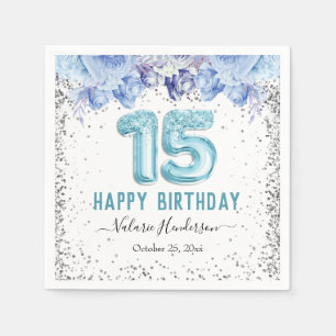 Floral Glitter Light Blue Happy 15th Birthday Napkin