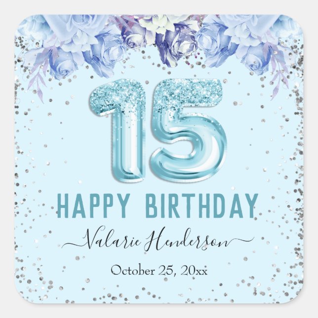 Floral Glitter Light Blue Happy 15th Birthday Square Sticker (Front)