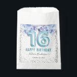 Floral Glitter Light Blue Happy 16th Birthday Favour Bag<br><div class="desc">Girly glitter with fancy script name typography. Faux light blue 16 balloon text. Blue Roses and faux glitter top border. Great for sweet 16 celebrations.</div>