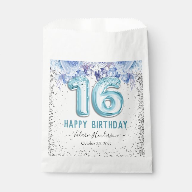 Floral Glitter Light Blue Happy 16th Birthday Favour Bag (Front)