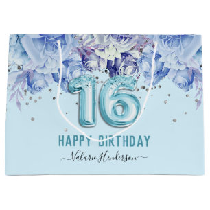 Floral Glitter Light Blue Happy 16th Birthday Larg Large Gift Bag