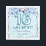 Floral Glitter Light Blue Happy 16th Birthday Napkin<br><div class="desc">Girly glitter with fancy script name typography. Faux light blue 16 balloon text. Blue Roses and faux glitter top border. Great for sweet 16 celebrations.</div>