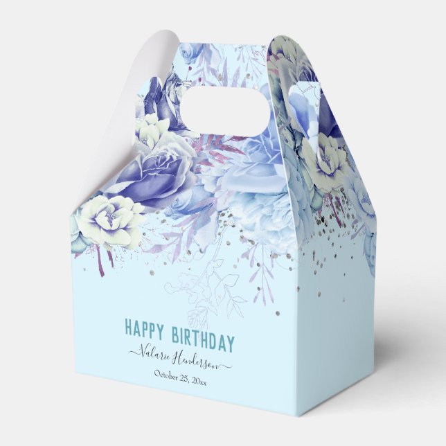 Floral Glitter Light Blue Happy Birthday  Favor Box (Front Side)