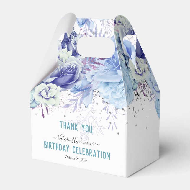 Floral Glitter Light Blue Happy Birthday Favour Bo Favor Box (Front Side)
