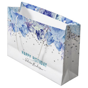 Floral Glitter Light Blue Happy Birthday Large Gift Bag