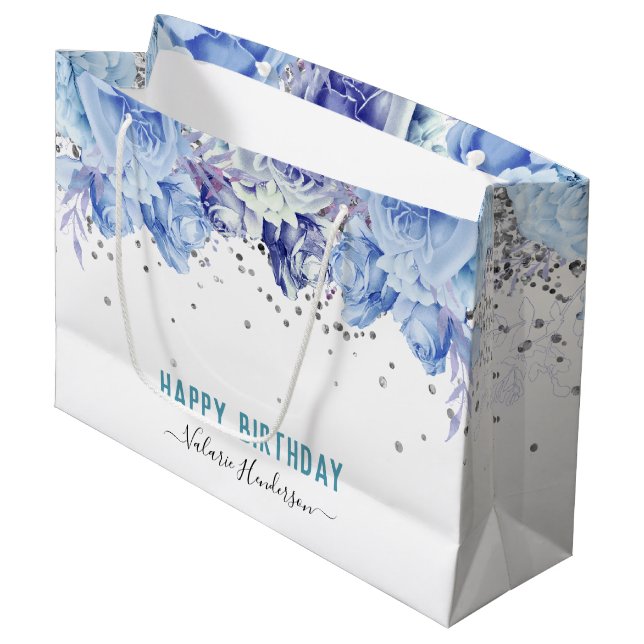 Floral Glitter Light Blue Happy Birthday Large Gift Bag (Front Angled)