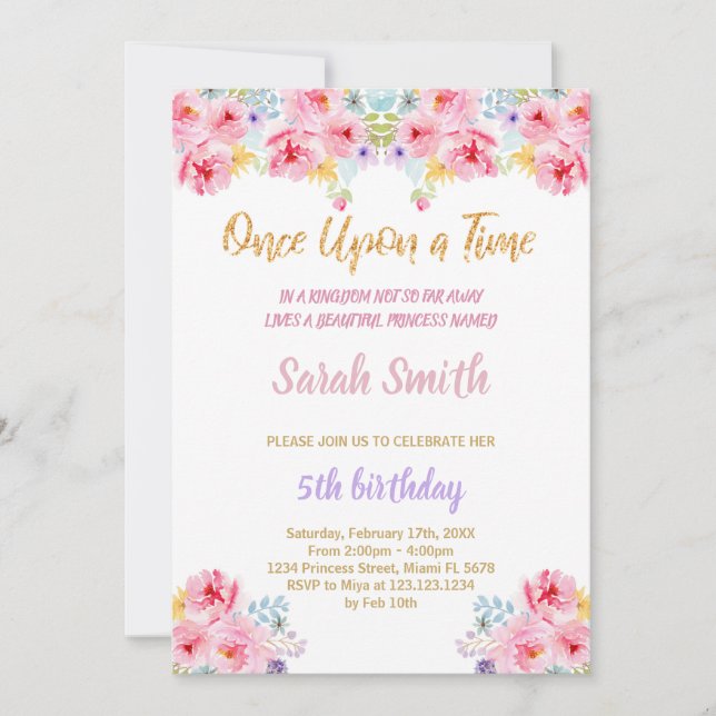 Floral Glitter Princess Birthday Invitation (Front)