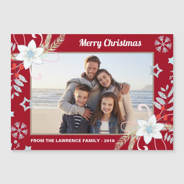 Floral Glitter Snowflakes Red Christmas Photo (Front)