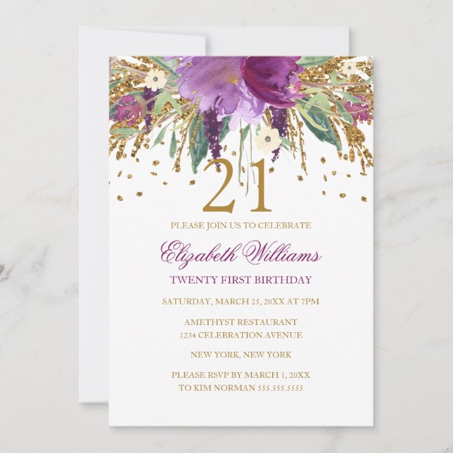 Floral Glitter Sparkling Amethyst 21st Birthday Invitation (Front)
