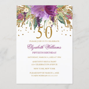 Floral Glitter Sparkling Amethyst 50th Birthday Invitation
