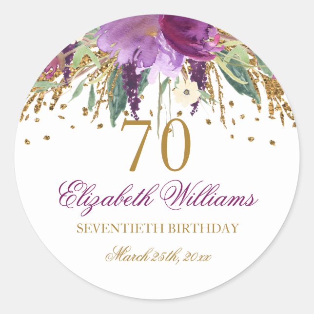 Floral Glitter Sparkling Amethyst 70th Birthday Classic Round Sticker (Front)