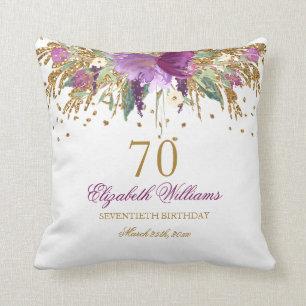 Floral Glitter Sparkling Amethyst 70th Birthday Throw Pillow