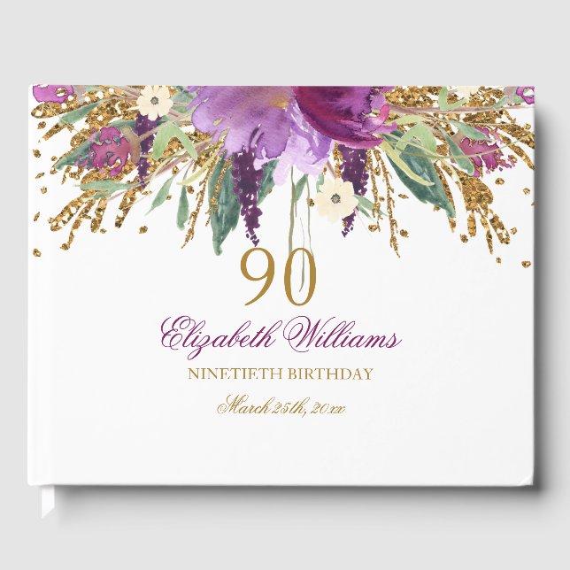 Floral Glitter Sparkling Amethyst 90th Birthday Guest Book (Front)