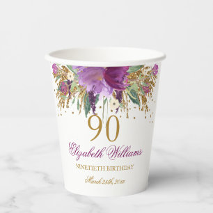 Floral Glitter Sparkling Amethyst 90th Birthday  Paper Cups