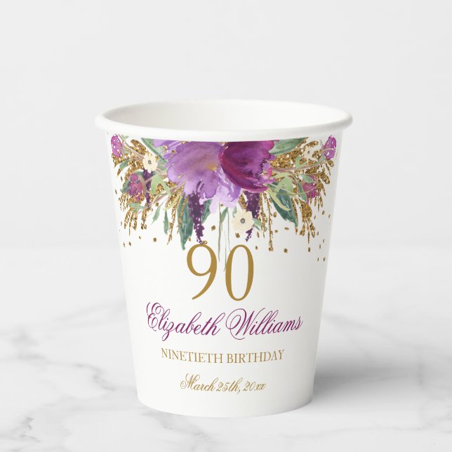 Floral Glitter Sparkling Amethyst 90th Birthday  Paper Cups (Front)
