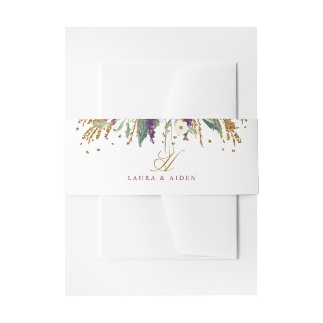 Floral Glitter Sparkling Amethyst Belly Band Invitation Belly Band (Front Example)