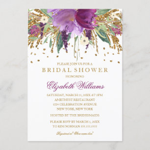 Floral Glitter Sparkling Amethyst Bridal Shower Invitation