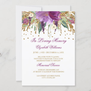 Floral Glitter Sparkling Amethyst Memorial Service Invitation