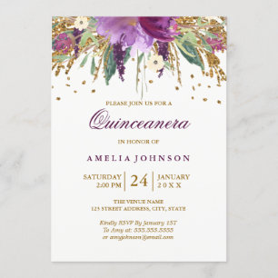 Floral Glitter Sparkling Amethyst Quinceanera Invitation