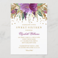 Floral Glitter Sparkling Amethyst Sweet 16 Invite
