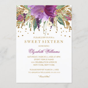 Floral Glitter Sparkling Amethyst Sweet 16 Invite
