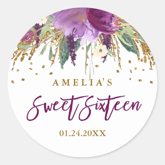Floral Glitter Sparkling Amethyst Sweet 16 Sticker (Front)