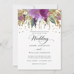 Floral Glitter Sparkling Amethyst Wedding  Invitation