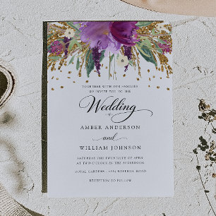 Floral Glitter Sparkling Amethyst Wedding Invitation