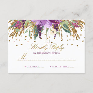 Floral Glitter Sparkling Amethyst Wedding RSVP Card