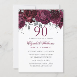 Floral Glitter Sparkling Burgundy 90th Birthday Invitation