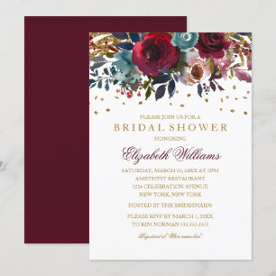 Floral Glitter Sparkling Burgundy Bridal Shower Invitation