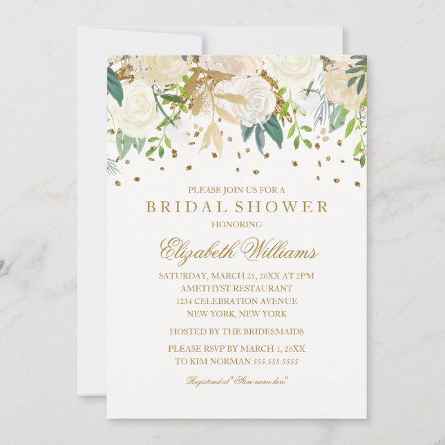 Floral Glitter Sparkling Gold Bridal Shower Invitation (Front)